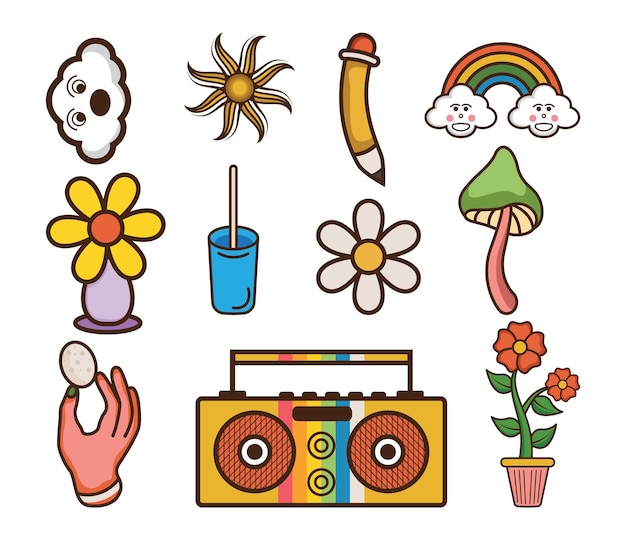 Hand drawn 90's retro element clipart collection set