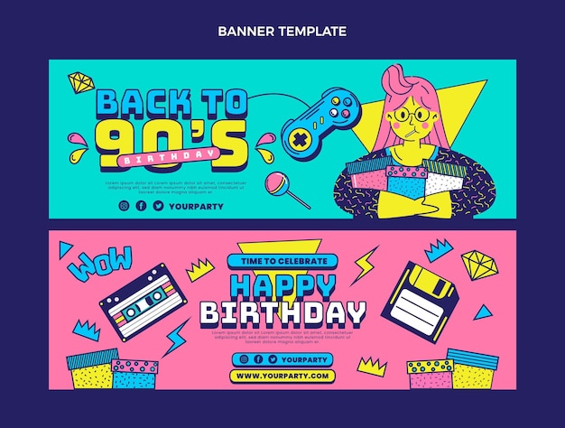 Vector hand drawn 90s birthday horizontal banners