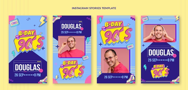 Vector hand drawn 90s birthday instagram stories