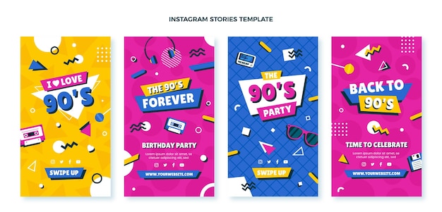 ベクトル 手描きの90年代の誕生日のinstagramの物語