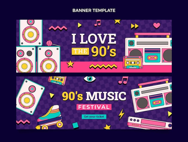Vector hand drawn 90s music festival horizontal banners