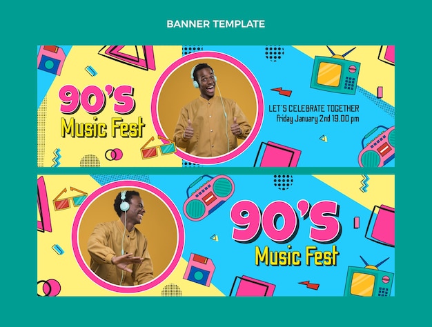 Vector hand drawn 90s music festival horizontal banners