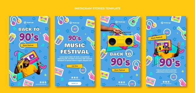 Vettore storie di instagram del festival musicale degli anni '90 disegnate a mano