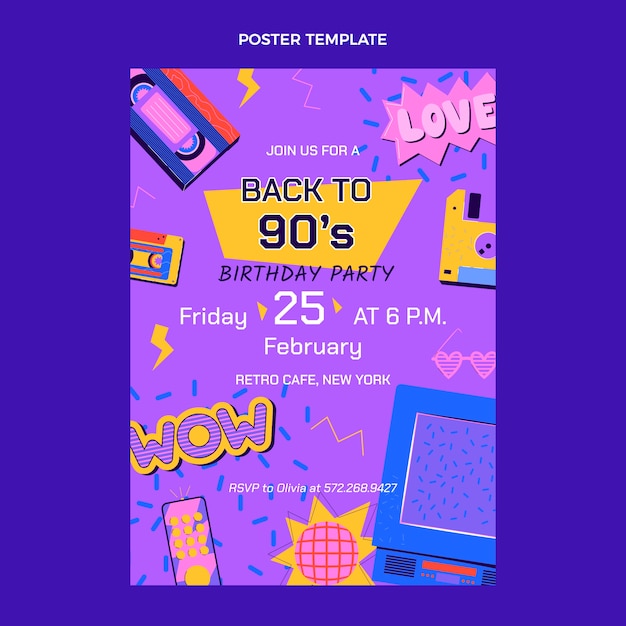 Vector hand drawn 90s nostalgic birthday poster