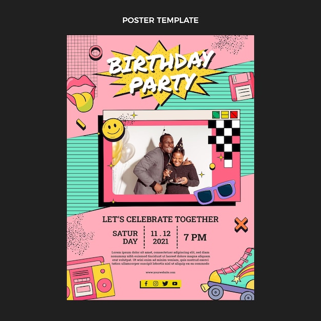 Vector hand drawn 90s nostalgic birthday vertical poster template