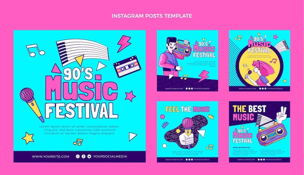 Vettore festival nostalgico di musica anni '90 disegnato a mano ig post