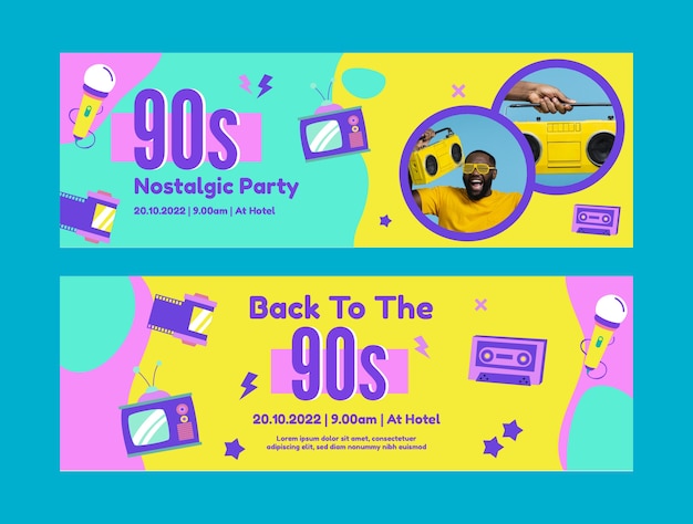 Hand drawn 90s party horizontal banners