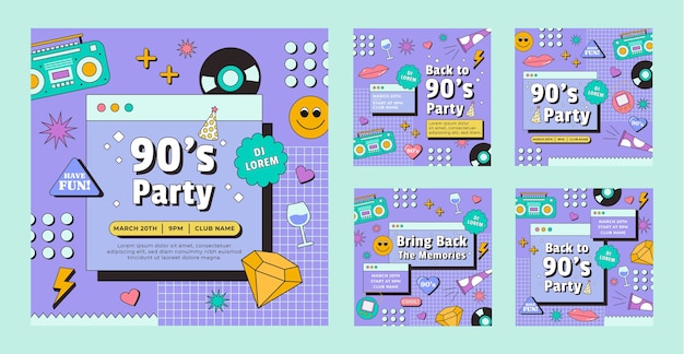 Vector hand drawn 90s party ig post collection