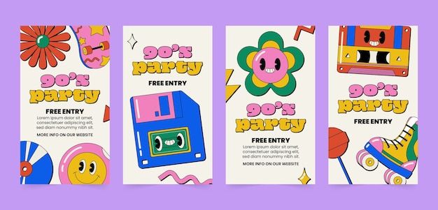 Vector hand drawn 90s party instagram stories template