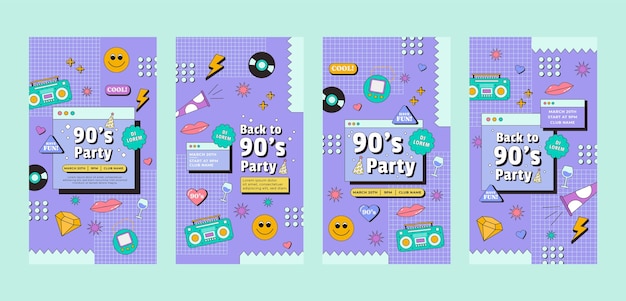 Vector hand drawn 90s party instagram stories