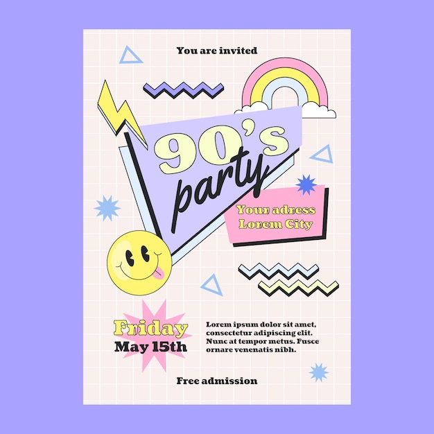 Hand drawn 90s party poster template