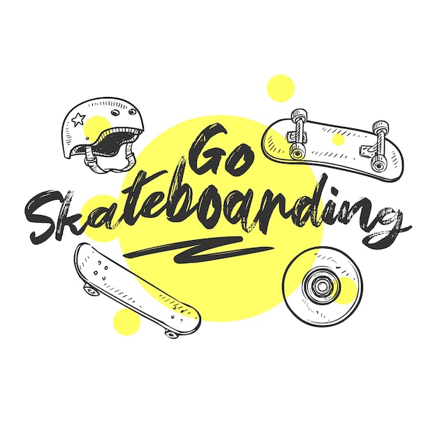 Vector hand drawn 90s themed badge with skateboard textured vector illustration and quotready to ridequot inspirational lettering