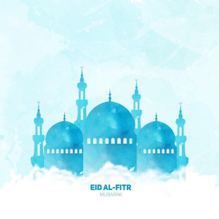 모스크 구름과 손으로 그린 추상 예술 수채화 eid alfitr 그림