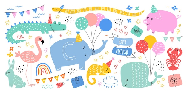 Вектор Ручной обращается абстрактные животные на день рождения плоские иллюстрации симпатичные мультяшные дикие животные празднуют дни рождения