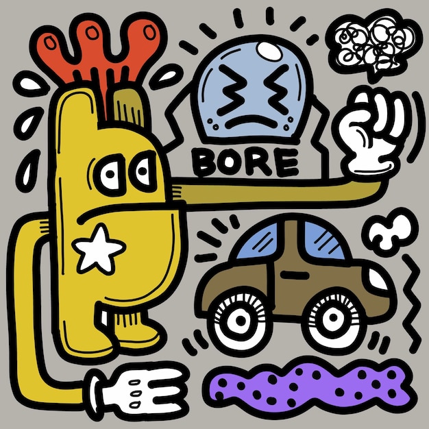 Hand drawn Abstract boreny cute Comic characters bore themed cartoon drawings with the word bore written in a doodle style