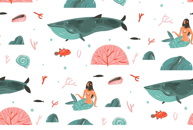 Ручной обращается абстрактный мультяшный графический летнее время подводные иллюстрации бесшовные модели с персонажами большой кит, рыб и русалок, изолированные на белом фоне.