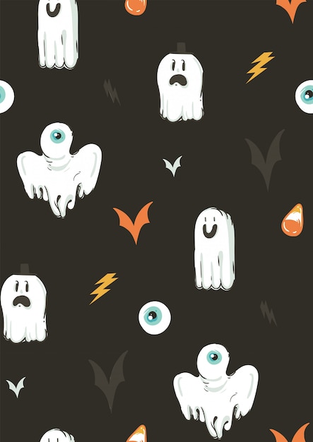 Vector hand drawn  abstract cartoon happy halloween illustrations collection seamless pattern with different funny ghosts decoration elements  on  background.