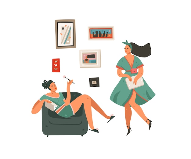 Ручной обращается абстрактный мультфильм современные графические девушки бизнес-леди дома набор искусства иллюстрации на белом фоне.