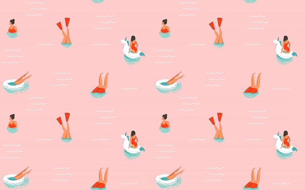 Hand drawn  abstract cartoon summer time fun illustration seamless pattern with swimming people  on pink background