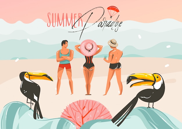Hand drawn abstract cartoon summer time graphic illustrations art template background with ocean beach landscape,pink sunset,toucan birds and group of people with summer paradise typography