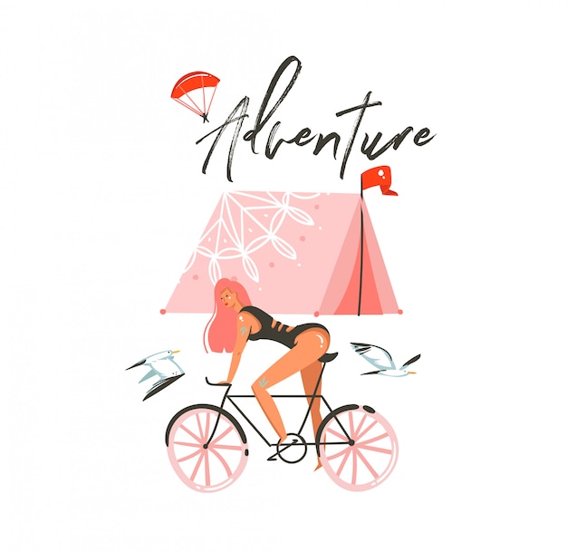 Hand drawn  abstract cartoon summer time graphic illustrations art template sign background with girl ride on bike,camping tent and modern typography adventure  on white background