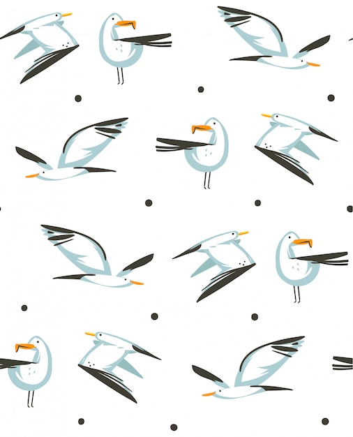 Вектор Ручной обращается абстрактный мультфильм летнее время графические иллюстрации художественный бесшовный узор с летающими чайками на пляже на белом фоне