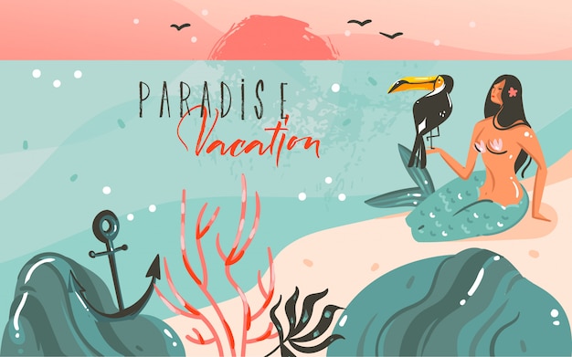 Ручной обращается абстрактный мультфильм летнее время графические иллюстрации шаблон фона с океанским пляжным пейзажем, закат и красота девушка русалка, птица тукан с цитатой райского отдыха типографии