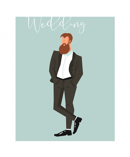 Vector hand drawn  abstract cartoon wedding groom illustration element  on blue background