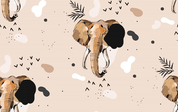 Ручной обращается абстрактные творческие графические художественные иллюстрации бесшовные коллаж с эскизом слона, рисующим племенной девиз, изолированные на фоне цвета хаки