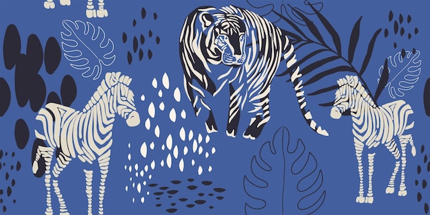 Ручной рисунок абстрактный экзотический узор с тигром и зебрами Коллаж в этническом стиле бесшовный узор