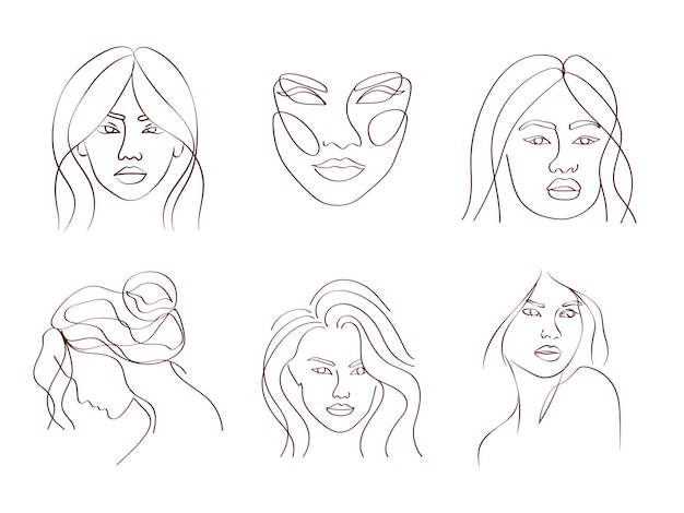 Hand drawn abstract female faces line art drawing doodle artwork