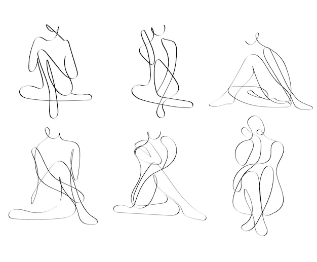 Hand-drawn abstract females figure sitting pose continues line art drawing