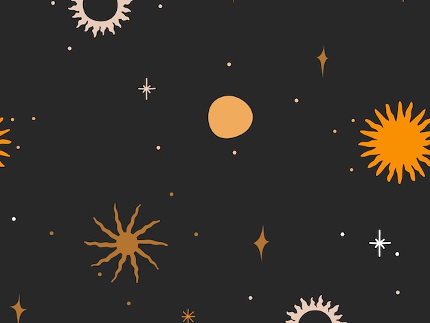 Vector hand drawn abstract flat stock graphic icon illustration sketch seamless pattern with celestial moon,sun and stars, mystic and simple collage shapes isolated on black background.