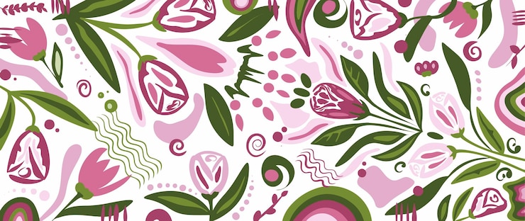 Vector hand drawn abstract floral background with pink flowers and green leaves