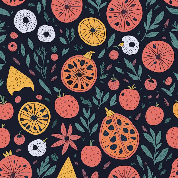 Hand drawn abstract fruits and flowers collage pattern Festival playful contemporary print Fashion