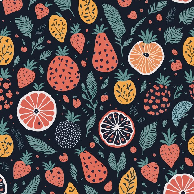 Hand drawn abstract fruits and flowers collage pattern Festival playful contemporary print Fashion