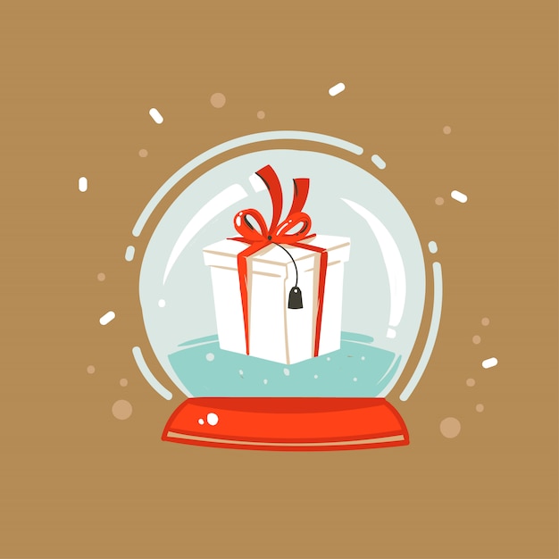 Вектор Рисованной абстрактного веселья веселого рождества и счастливого нового года время мультфильм иллюстрации открытка с подарочной коробке сюрприз рождество в сфере снежного шара на коричневом фоне