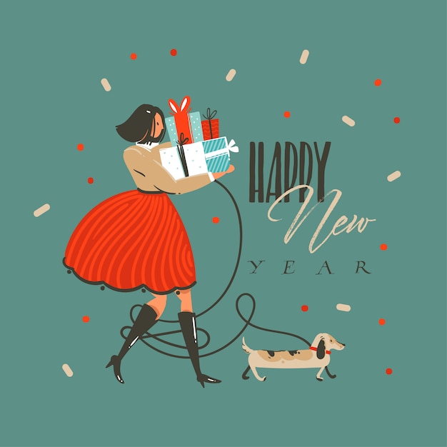 Hand drawn  abstract fun merry christmas and happy new year time cartoon illustration greeting card with funny dog,girl with presents and happy new year text  on green background.