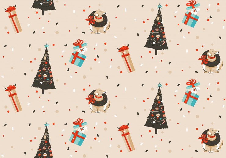 Hand drawn  abstract fun Merry Christmas and Happy New Year time cartoon rustic festive seamless pattern with cute illustrations of Xmas tree and dogs  on pastel background.