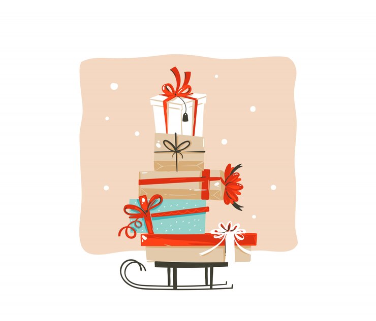 Hand drawn  abstract fun Merry Christmas shopping time cartoon greeting illustration card  with many colorful surprise gift boxes on sleigh  on white background.