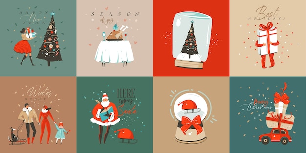 Hand drawn  abstract fun Merry Christmas time cartoon cards collection set with cute illustrations,surprise gift boxes,dogs and handwritten modern calligraphy text  on white background.