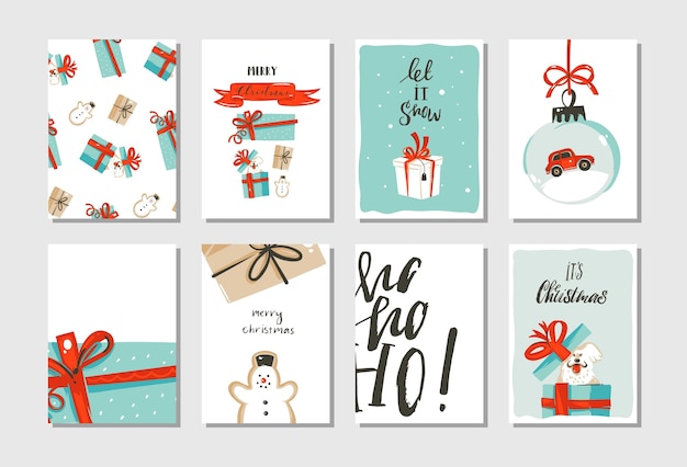 Vector hand drawn abstract fun merry christmas time cartoon cards collection set