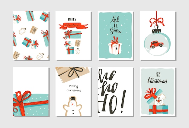 Hand drawn abstract fun merry christmas time cartoon cards collection set