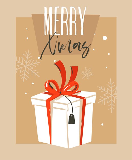 Hand drawn abstract fun merry christmas time cartoon illustration greeting card with big white surprise gift box and merry xmas typography isolated on craft paper background.