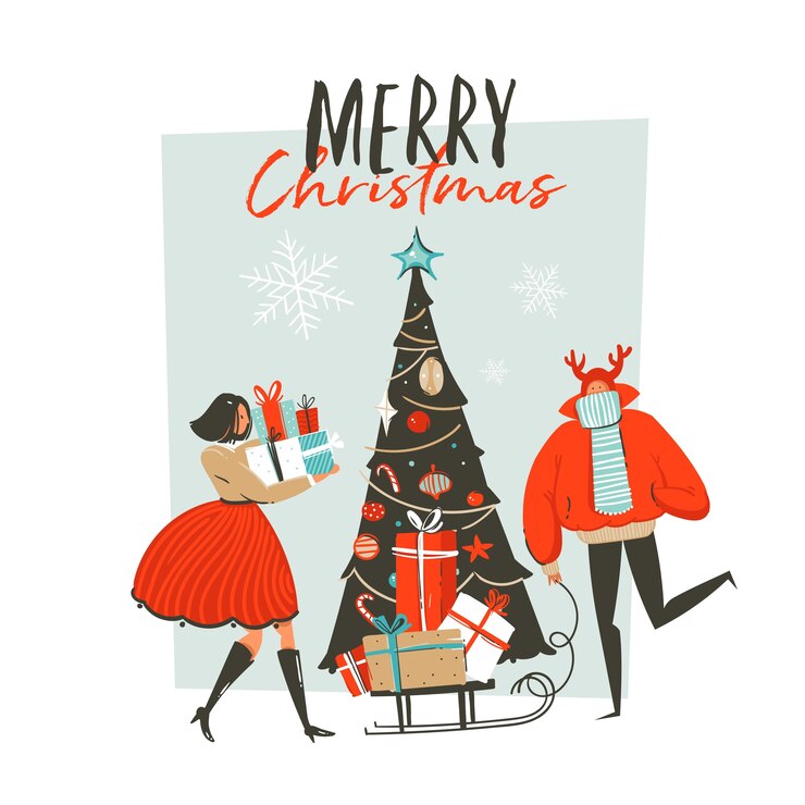 Hand drawn abstract fun Merry Christmas time cartoon illustration greeting card with group of people ,surprise gift boxes,Christmas tree and xmas calligraphy isolated on white background.