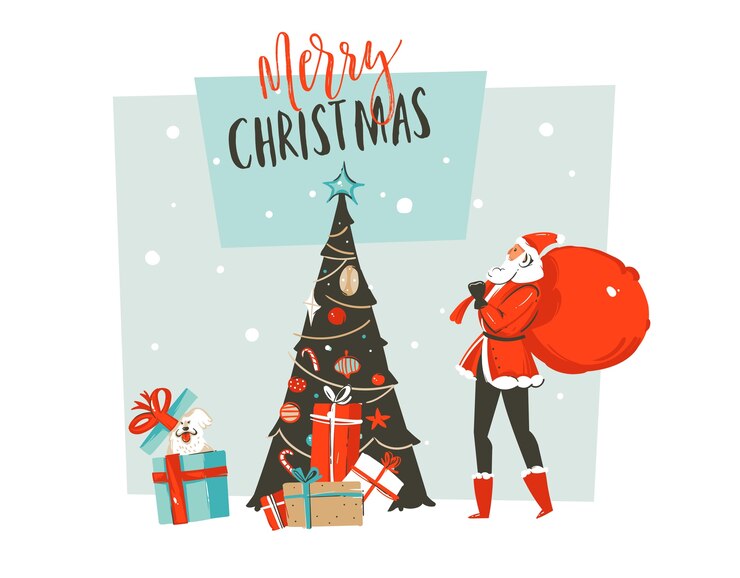 Hand drawn abstract fun Merry Christmas time cartoon illustration greeting card with Santa Claus dad,pet dog,surprise gift boxes,Christmas tree and typography isolated on craft background.
