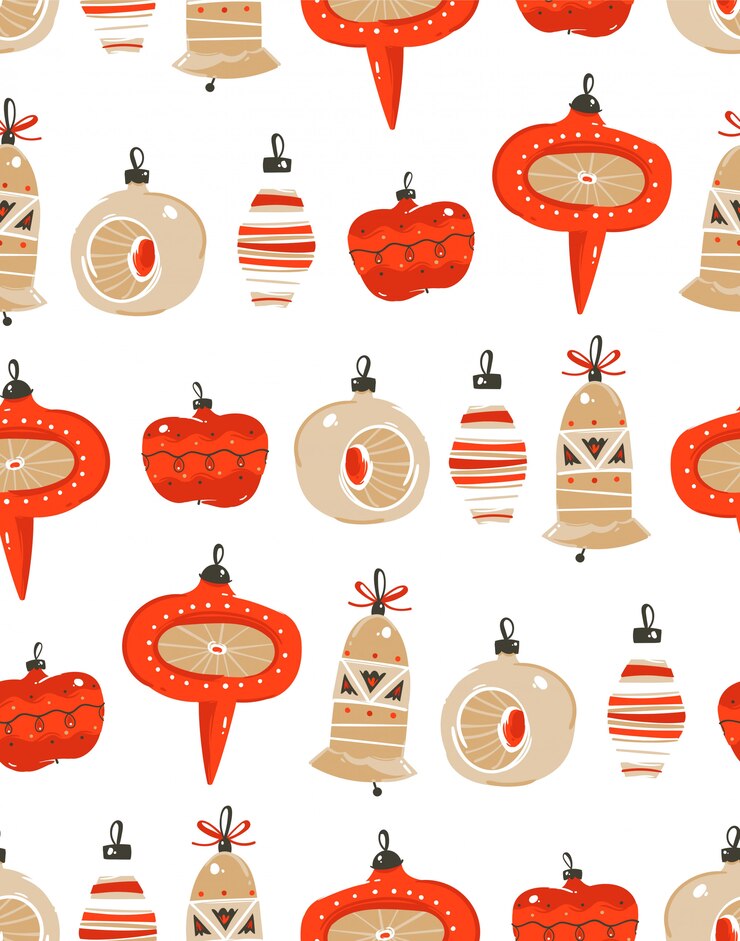 Hand drawn  abstract fun Merry Christmas time cartoon illustration seamless pattern with Christmas vintage tree toys  on white background.