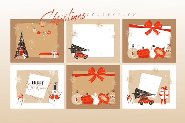 Hand drawn abstract fun merry christmas time cartoon illustrations greeting cards template and backgrounds big collection set with gift boxes,people and xmas art isolated on white background