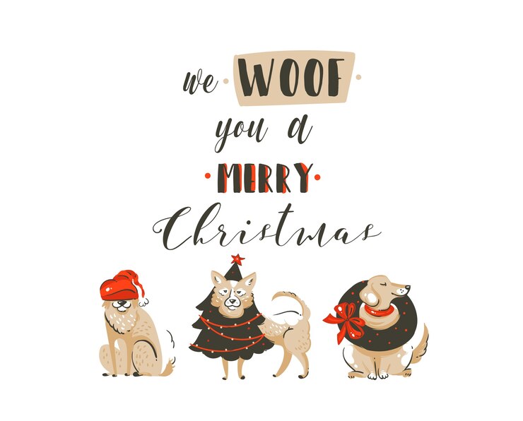 Hand drawn abstract fun Merry Christmas time cartoon illustrations poster with xmas dogs and modern handwritten calligraphy text We Woof you a Merry Christmas isolated on white background.