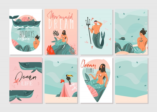 Hand drawn   abstract graphic cartoon summer time flat illustrations cards template collection set with beach people,mermaid and whale,sunset and tropical birds isolated on white background